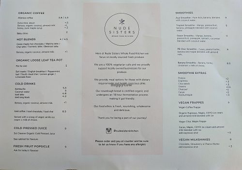 Menu side 1 at Nude Sisters Whole Food Kitchen in Gold Coast