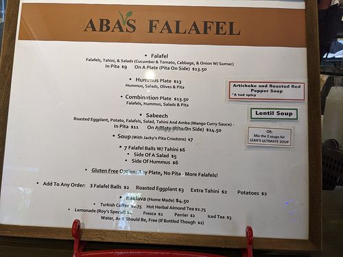 Menu June 2021 at Aba's Falafel in Rhinebeck