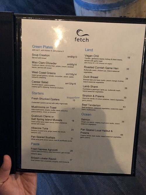 menu as of August 2019 at Fetch in Ucluelet