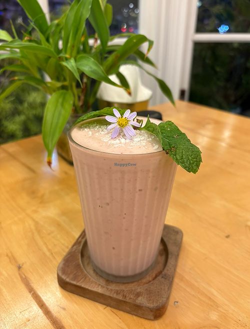 Strawberry and banana cashew milk smoothie   at Hua Hin Vegan Cafe and Wine in Hua Hin