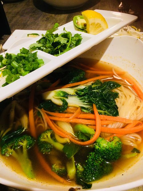Vegan noodle soup with veggies at The Soup Spoon in Rochester