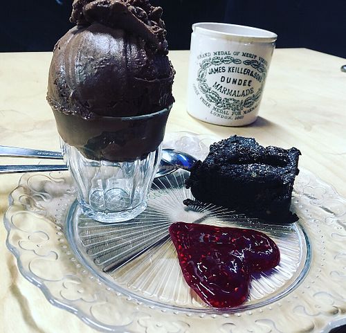 Chocolate ice-cream and brownie at Ginger's Comfort Emporium in Manchester