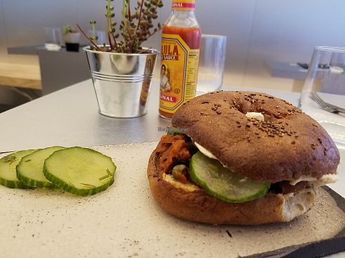 Carrot lox and cheese bagel at Essence Cuisine in East London