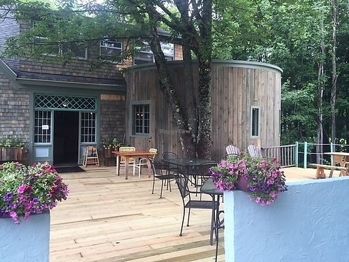 Nice outdoor seating on deck at The Hoot in Northport