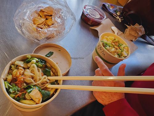 Teriyaki bowl on the left, Thai coconut on the right. If you eat inside, they give you nicer chopsticks. at Stony Ridge Uncommon Kitchen in Tahoe City