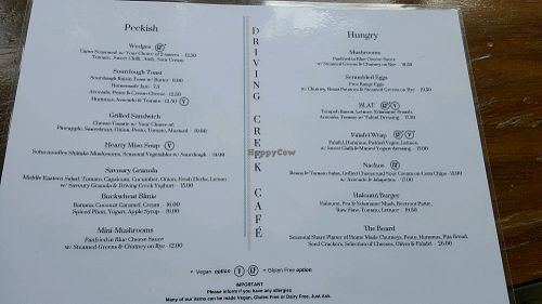 Menu (as of October 2017) at Driving Creek Cafe and Organics in Coromandel