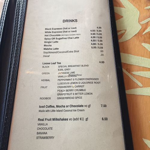 menu at Rabbit Cafe in Auckland