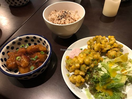 Brown rice, soy meat with sweet sauce and avocado and corn tenpura at Vegi Kitchen Gu Gu in Nagoya