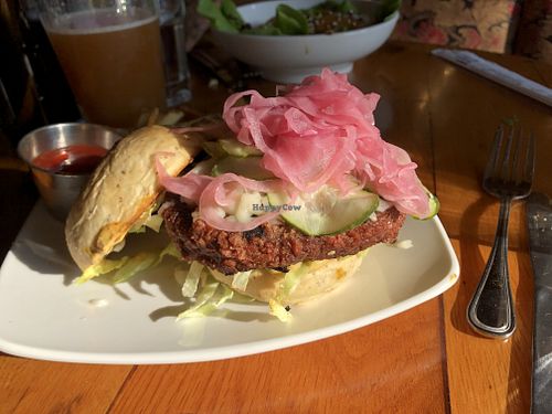 Veggie Burger with fries.... one of the best veggie burgers I have had! at Duino Duende in Burlington