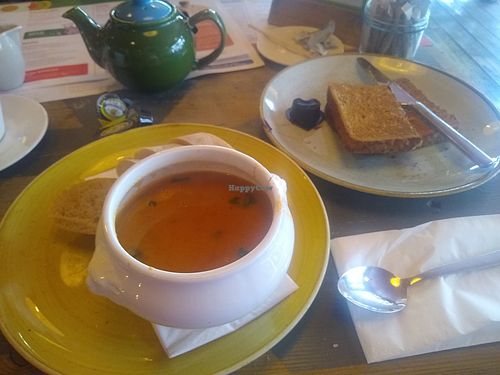 Vegan tomato soup with ciabatta and toast with marmite at Molo Lounge in Southend-on-sea