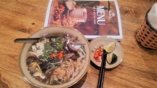 Bún thang (Hanoi rice noodles in mushroom broth, with vegan ham, mushroom, vegan shredded chicken, vegan shrimp and shredded bamboo shoots at Thien Tra Dao in Hanoi