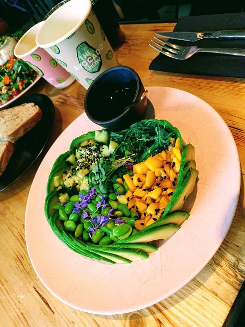 Poké bowl. The vegan version has mango and cucumber (pictured). at The Avocado Show - Stalpertstraat in Amsterdam