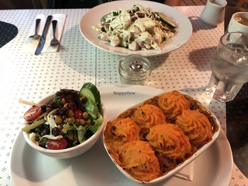 Veggie shepherds pie with green salad. at Blue Plate Diner in Edmonton