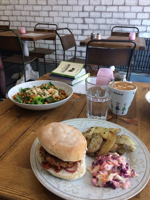 Top dish - 'Buddha Bowl'
Bottom Dish - 'Spicy Bean Burger'

Featuring soy latte, books available for browsing and glimpse of interior design. at Humblest of Pleasures in Hebden Bridge