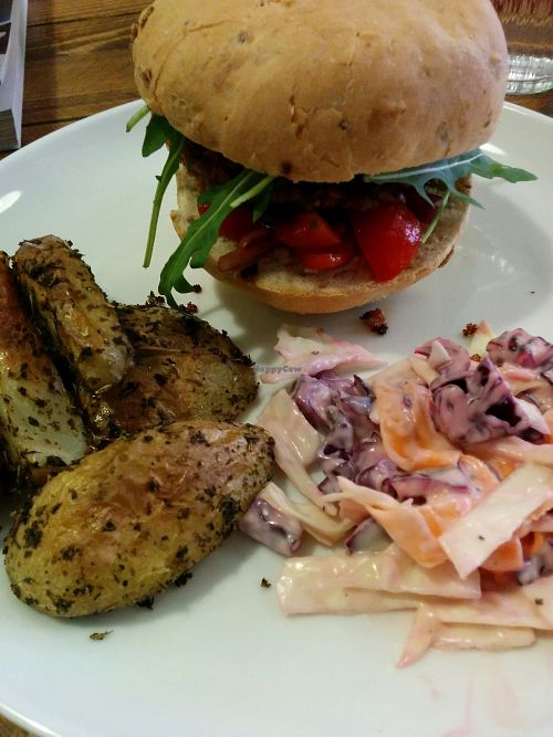 bean burger, herbed wedges and chunky slaw at Humblest of Pleasures in Hebden Bridge