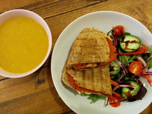 parsnip-carrot soup and grilled pizza sandwich at Humblest of Pleasures in Hebden Bridge