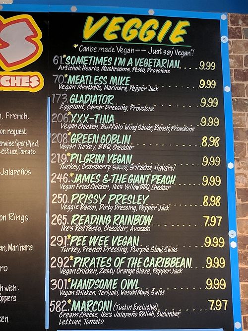 Veggie menu at Ike's in Tustin
