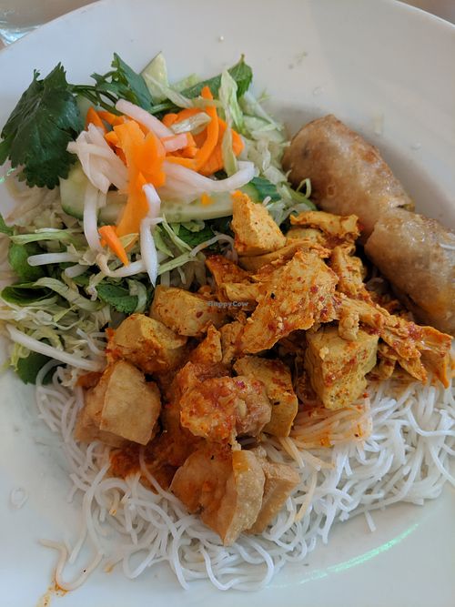 Spicy Lemongrass Vermicelli with Tofu, seitan and spring rolls at Saigon Lotus in Toronto