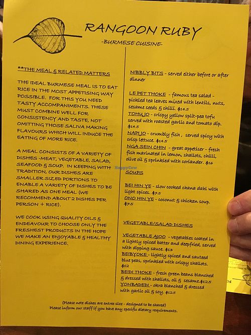menu at Rangoon Ruby in Christchurch