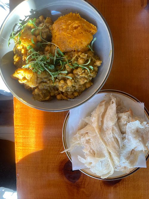 Curried vegetables with buss-up-shut, potatoes and pumpkin at Callaloo Trinidadian Kitchen in Lancaster