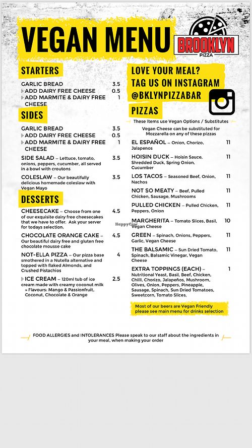 Separate vegan menu  at Brooklyn Pizza Bar in Northampton