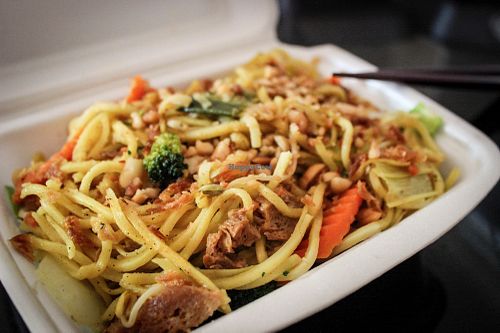 stir-fried wheat noodles with peanut sauce at Amitabha in Prague