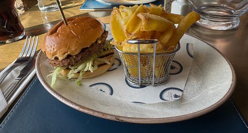 Vegan burger and chips at The Ship Inn in Caerleon