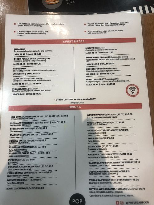 English menu sweet pizza and drinks   at Pop Vegan Food in Sao Paulo