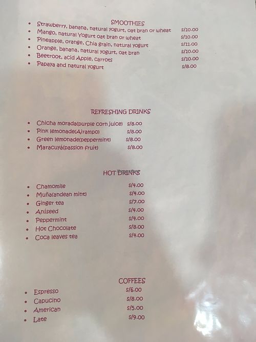 Menu at Bouganvilla in Ollantaytambo