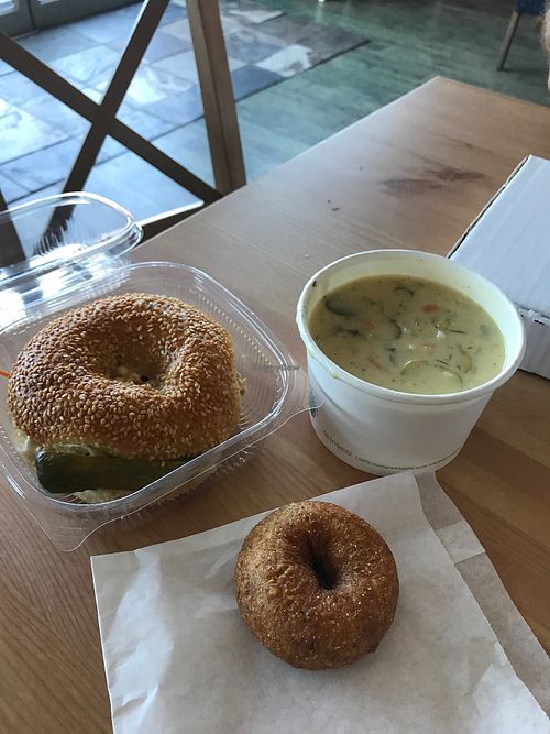 bagel sandwich, dill pickle soup with cornbread savoury donut  at Frickin' Delights Donuts in Devon