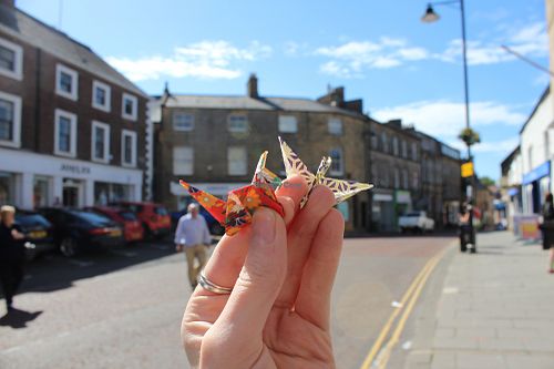 The origami birds that the lady gave us when we left  at The Origami Cafe & Gift Shop in Alnwick