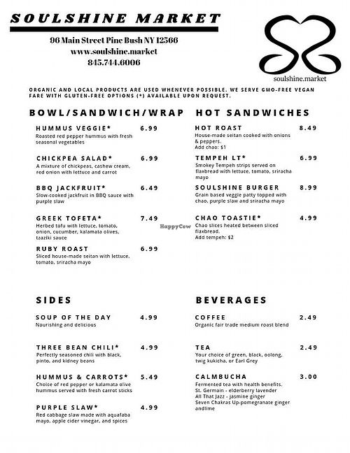 Menu options 10-3-19 at Soulshine Market in Pine Bush