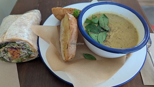 Daily soup with toasted bread. And a satay chickpea wrap. at Portershed in Christchurch