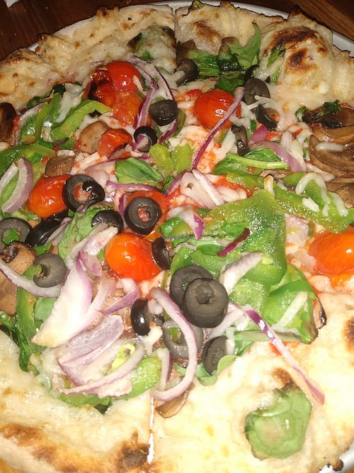 Veggie Pizza with vegan cheese at Cherokee Brewing + Pizza Company in Dalton