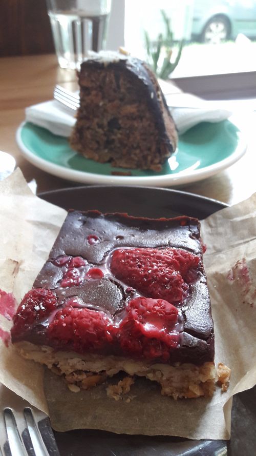 Two vegan desserts:  oat bar and choc bundt cake at Coffee Room in Prague