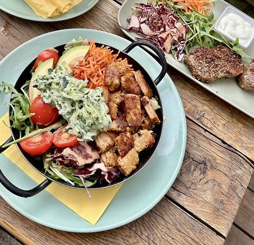 Seitan chicken bowl with cucumber tzatziki and seitan pepper steak   at Veggiezz - Opernring in Vienna