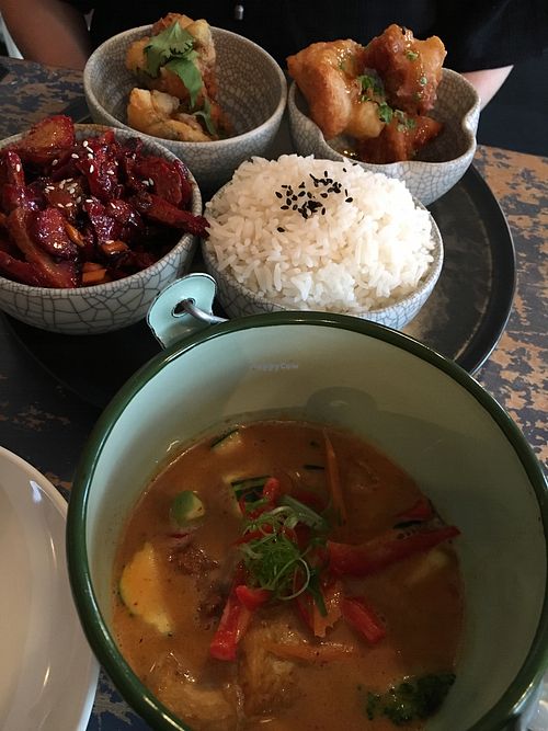 Panang curry in front & bbq bento. at Monsoon Thai Fusion in Battery Point