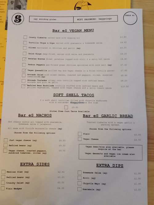 Vegan menu at eS Bar in Keswick