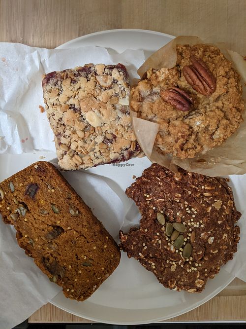 pear slice, raspberry crumble slice, muffin, breakfast cookie (I couldn't wait to taste it) at Whole Glow Cafe in Cumberland