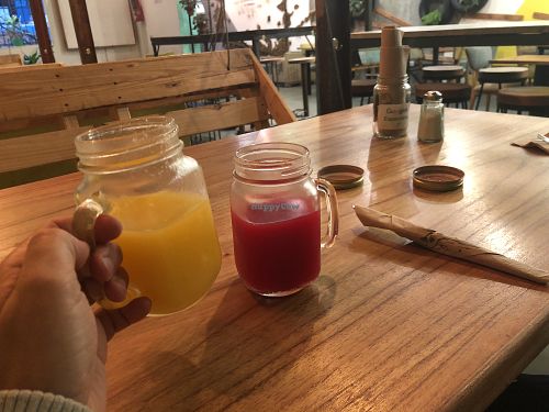 Orange  pineapple ginger & carrot  red beat  at Estilo Veggie in Buenos Aires