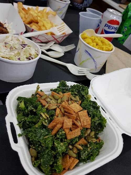 Kale salad, coleslaw, Mac & cheese, fries at Marty's V Burger in New York City