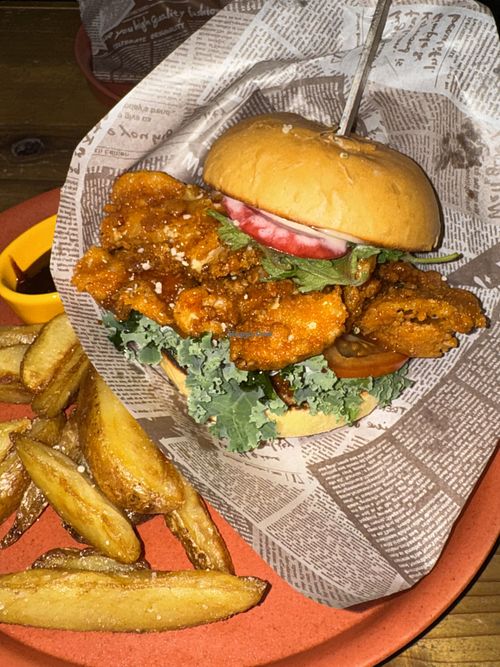 Fried mushroom teriyaki burger. Delicious! Even the fries and BBQ sauce were top notch    at Hemp Cafe Tokyo in Tokyo
