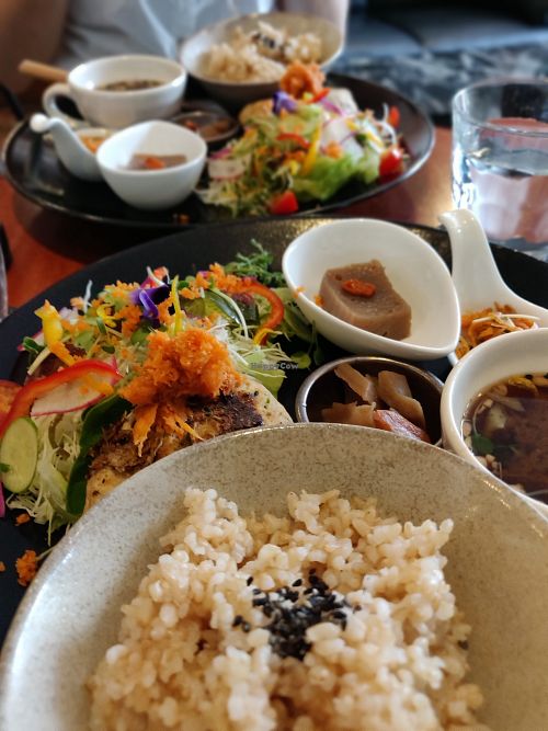 Tofu burger set (you can just see the burger the burger behind thr rice bowl) at Kururu in Nara