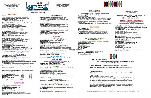 menu at Kona Beach Cafe in Jensen Beach