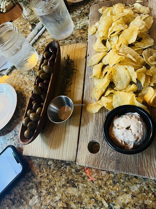 Olives and chips appetizers. 😋  at The Pickled Palate in Mount Pleasant
