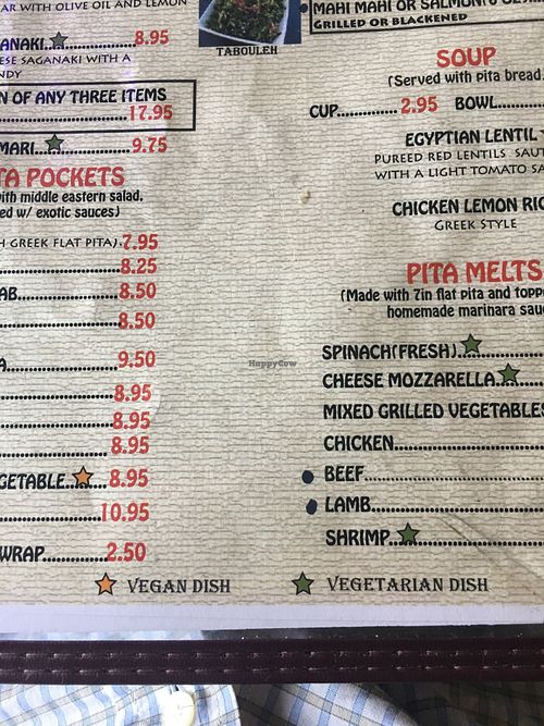 Vegan and vegetarian dishes clearly marked  at Mini Pita Cafe in Fort Lauderdale