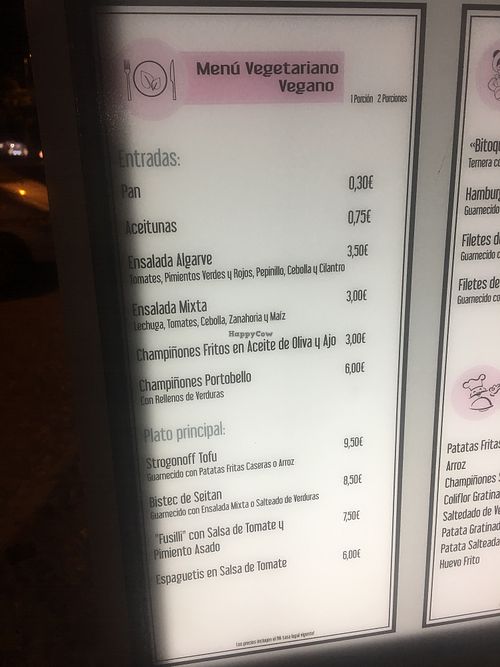 menu at C19 in Albufeira
