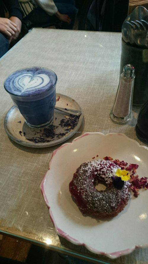 vegan donut and butterfly matcha at Farm Girl Cafe in West London