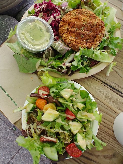 Pesto chickpea burger and side salad at Hippy Chick Hummus in Frederick