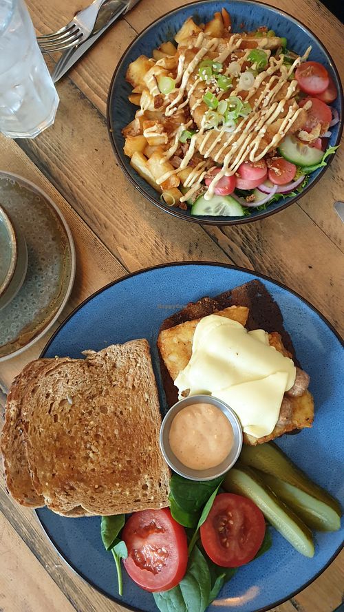 Fully loaded breakfast with toast on side i stead of bagel and Panco tofu bowl at No 18 Cafe in Swansea